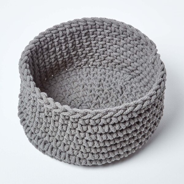 Homescapes Cotton Knitted Round Storage Basket Dark Grey, 37 x 21 cm