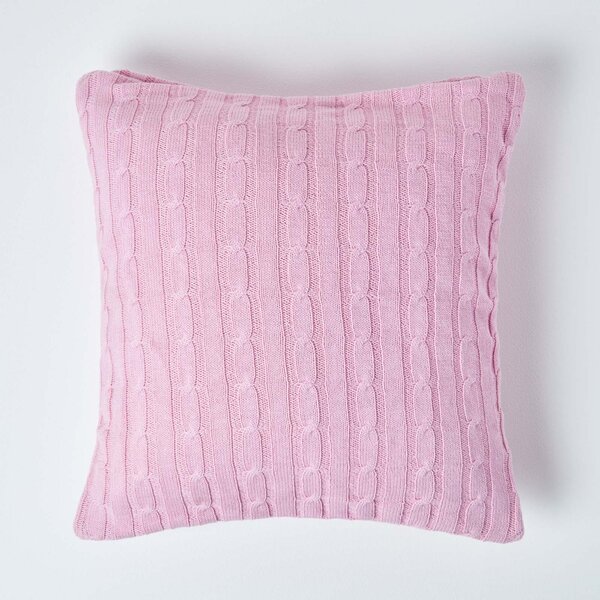 Homescapes Cotton Cable Knit Pastel Pink Cushion Cover, 45 x 45 cm