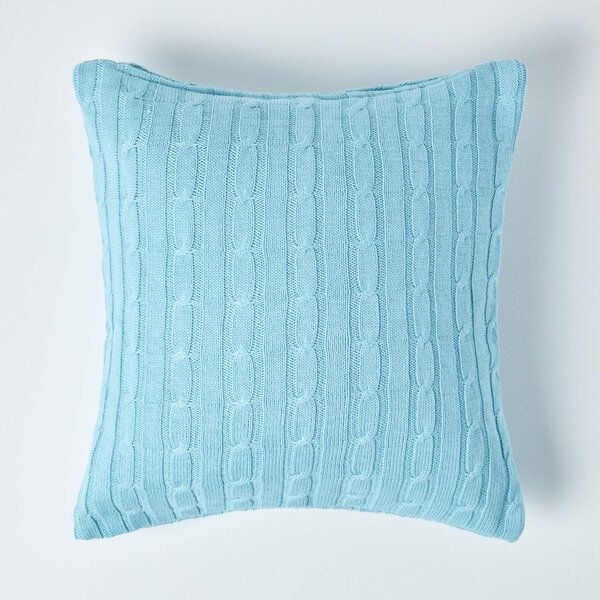 Homescapes Cotton Cable Knit Pastel Blue Cushion Cover, 45 x 45 cm