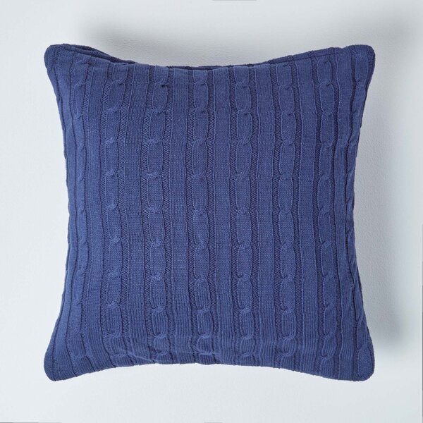 Homescapes Cotton Cable Knit Navy Blue Cushion Cover, 45 x 45 cm