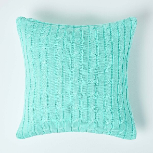 Homescapes Cotton Cable Knit Pastel Green Cushion Cover, 45 x 45 cm