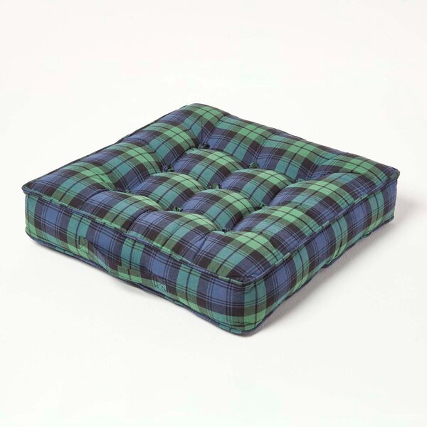 Green Tartan Cotton Armchair Booster Cushion Firm 10cm Thick Seat Pad