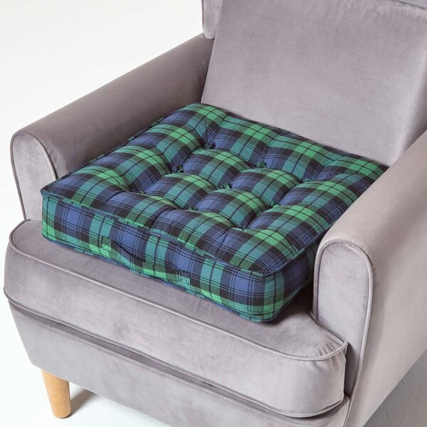 Green Tartan Cotton Armchair Booster Cushion Firm 10cm Thick Seat Pad