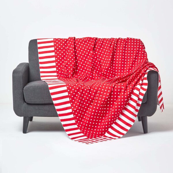 Homescapes Cotton Red Polka Dots and Stripes Sofa Throw