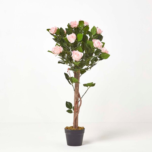 Pink Potted Rose Tree Artificial Plant with lifelike green leaves and single trunk, 90 cm