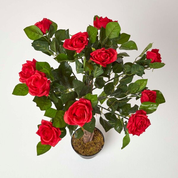 Red Potted Rose Tree Artificial Plant with lifelike green leaves and single trunk, 90 cm