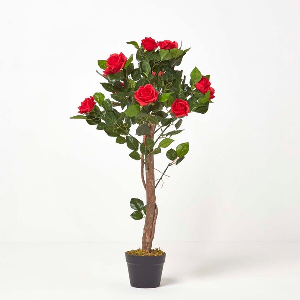 Red Potted Rose Tree Artificial Plant with lifelike green leaves and single trunk, 90 cm