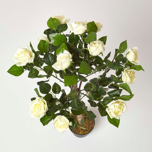 Lifelike Artificial White Rose Ball Tree with Real Wooden Trunk, 90cm