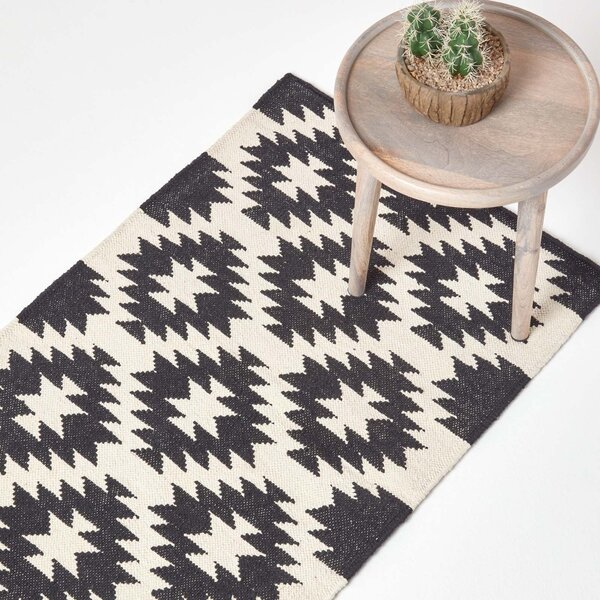 Zurich Handwoven Black and White 100% Cotton Geometric Pattern Kilim Hall Runner, 66 x 200 cm