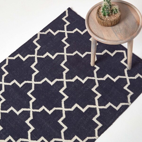 Edmonton Navy Blue and White 100% Cotton Geometric Pattern KIlim Rug, 90 x 150 cm