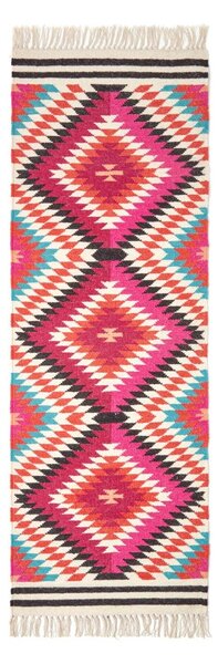 Manila Handwoven Multi Coloured Diamond Patterned Kilim Wool Hall Runner, 66 x 200 cm