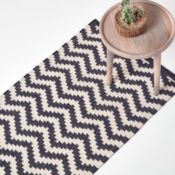 Casablanca Handwoven Zig Zag Pattern Dark Blue and White 100% Cotton Kilim Runner, 66 x 200 cm