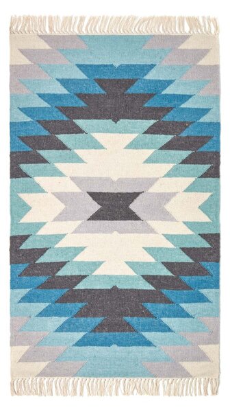 Helsinki Handwoven Geometric Pattern Blue Grey and Cream Kilim Wool Rug, 90 x 150 cm