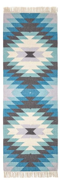 Helsinki Handwoven Geometric Pattern Blue Grey and Cream Kilim Wool Hall Runner, 66 x 200 cm