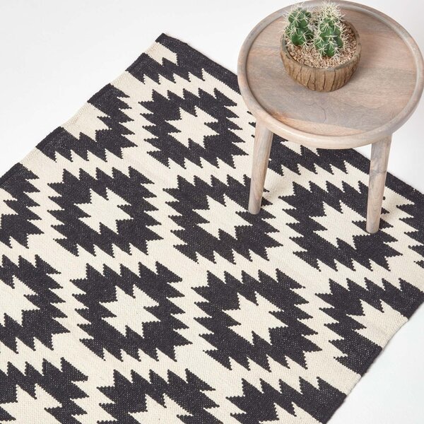 Zurich Handwoven Black and White 100% Cotton Geometric Pattern Kilim Rug, 90 x 150 cm