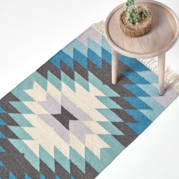 Helsinki Handwoven Geometric Pattern Blue Grey and Cream Kilim Wool Hall Runner, 66 x 200 cm