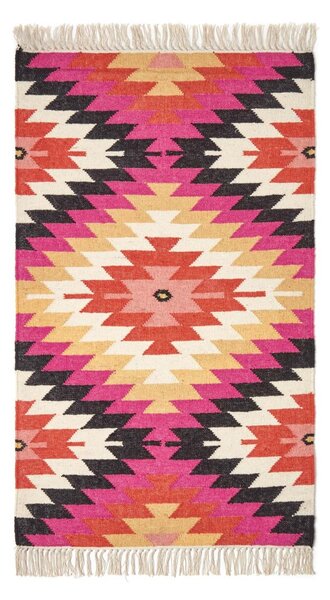 Jakarta Handwoven Pink, Orange and Yellow Multi Coloured Geometric Pattern Kilim Wool Rug, 90 x 150 cm