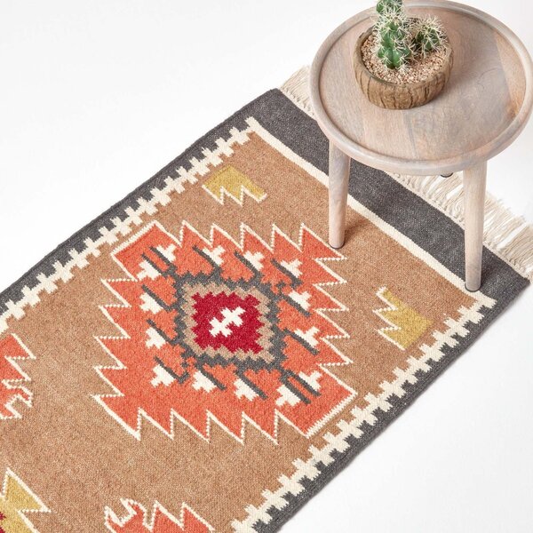 Jaipur Handwoven Brown and Orange Patterned Kilim Wool Hall Runner, 66 x 200 cm