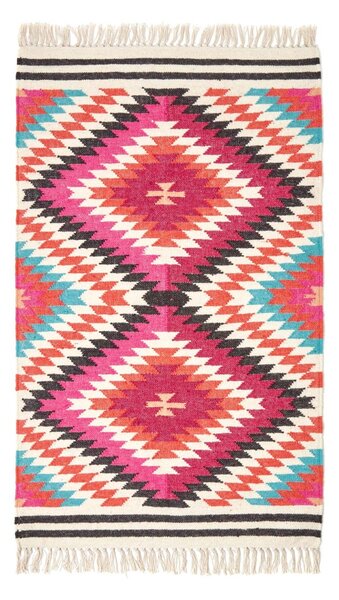 Manila Handwoven Pink, Orange and White Multi Coloured Diamond Patterned Kilim Wool Rug, 90 x 150 cm