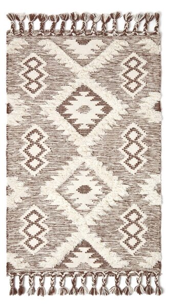 Lhasa Handwoven Brown and Cream Textured Diamond Pattern Kilim Wool Rug, 90 x 150 cm