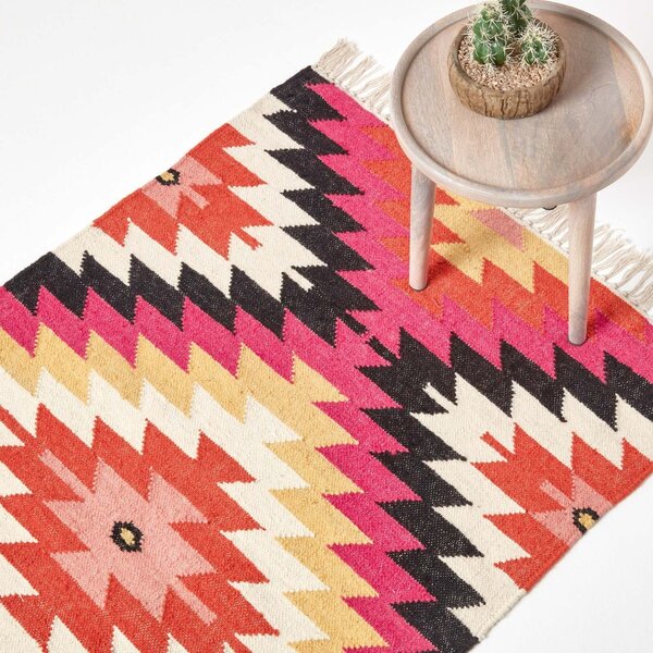 Jakarta Handwoven Pink, Orange and Yellow Multi Coloured Geometric Pattern Kilim Wool Rug, 90 x 150 cm