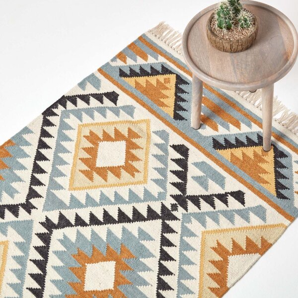 Agra Handwoven Ochre Gold, Silver Grey and Black Diamond Pattern Kilim Wool Rug, 90 x 150 cm