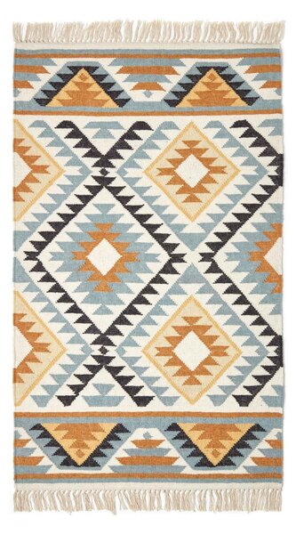 Agra Handwoven Ochre Gold, Silver Grey and Black Diamond Pattern Kilim Wool Rug, 90 x 150 cm