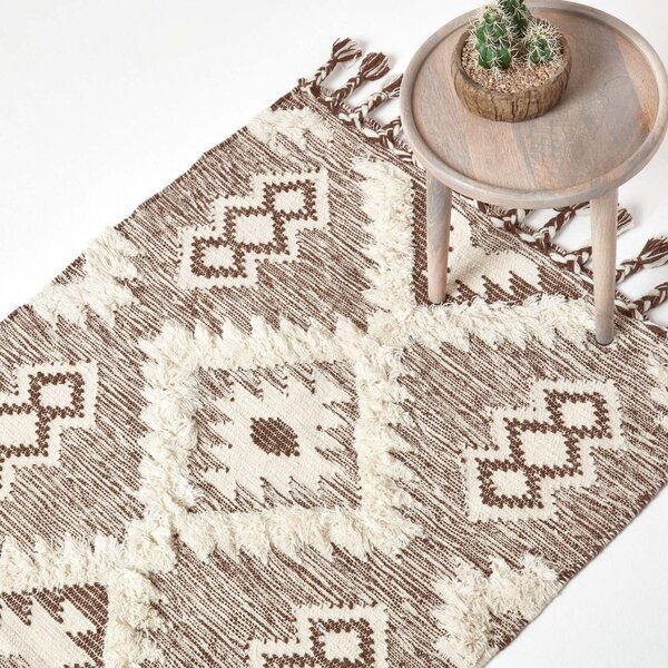 Lhasa Handwoven Brown and Cream Textured Diamond Pattern Kilim Wool Rug, 90 x 150 cm