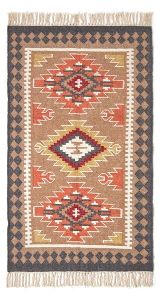 Jaipur Handwoven Brown and Orange Patterned Kilim Wool Rug, 90 x 150 cm