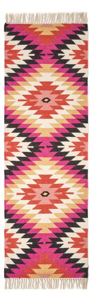 Jakarta Handwoven Pink, Orange and Yellow Multi Coloured Geometric Pattern KIlim Wool Hall Runner, 66 x 200 cm