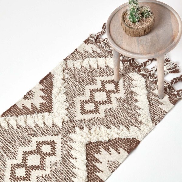 Lhasa Handwoven Brown and Cream Textured Diamond Pattern Kilim Wool Runner, 66 x 200 cm