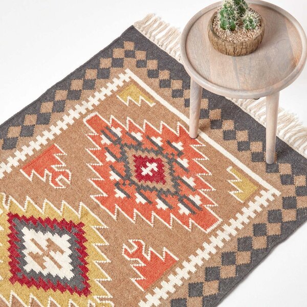 Jaipur Handwoven Brown and Orange Patterned Kilim Wool Rug, 90 x 150 cm