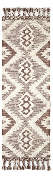 Lhasa Handwoven Brown and Cream Textured Diamond Pattern Kilim Wool Runner, 66 x 200 cm