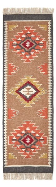 Jaipur Handwoven Brown and Orange Patterned Kilim Wool Hall Runner, 66 x 200 cm