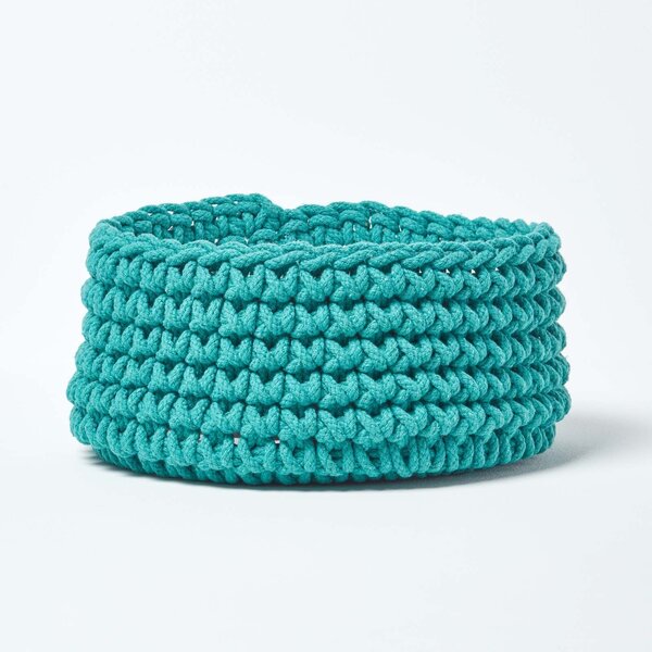 Homescapes Teal Green Cotton Knitted Round Storage Basket, 37 x 21 cm