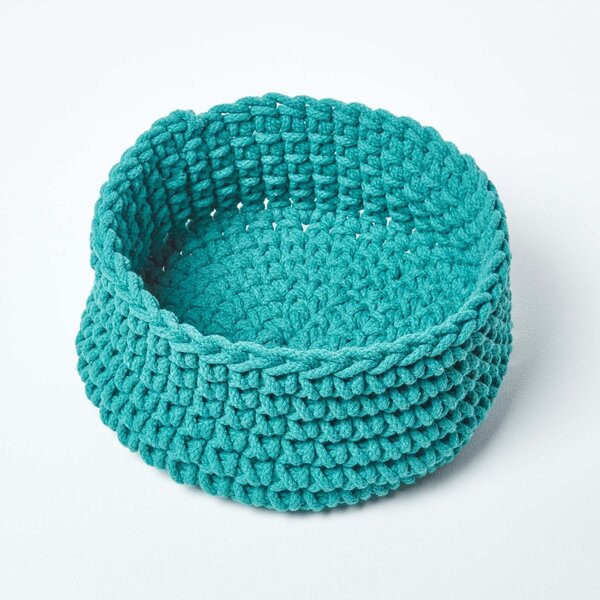 Homescapes Teal Green Cotton Knitted Round Storage Basket, 37 x 21 cm