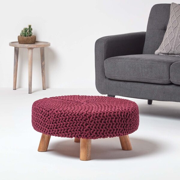 Homescapes Plum Flat Circular Knitted Footstool with Legs