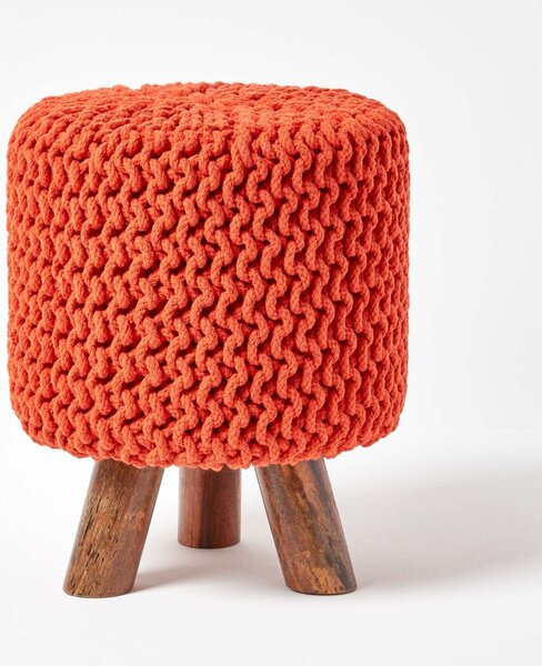 Homescapes Burnt Orange Knitted Footstool with Tripod Wooden Legs