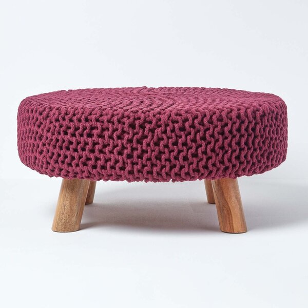 Homescapes Plum Flat Circular Knitted Footstool with Legs