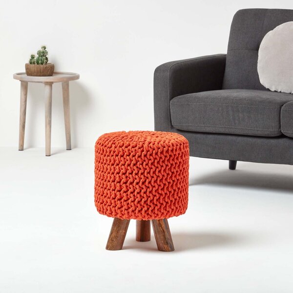 Homescapes Burnt Orange Knitted Footstool with Tripod Wooden Legs