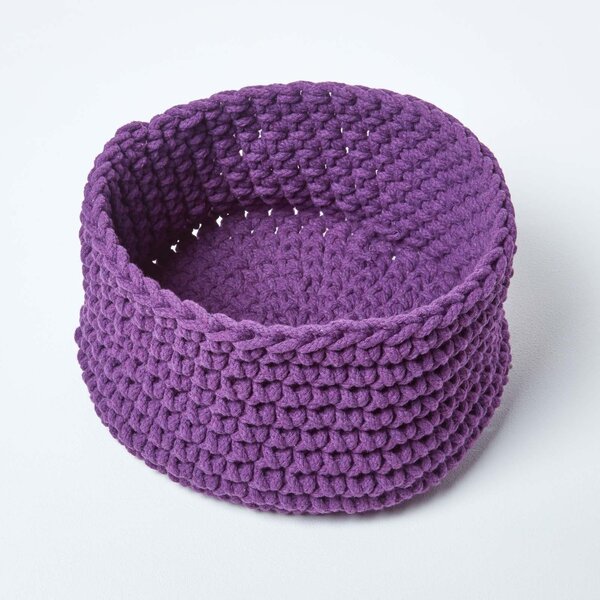 Homescapes Deep Purple Cotton Knitted Round Storage Basket, 37 x 21 cm