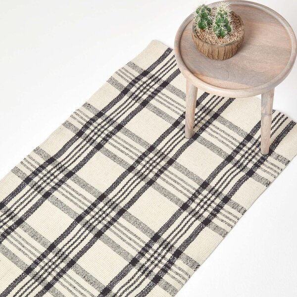 Logan Black and White Tartan Check Non-Slip 100% Wool Hall Runner, 66 x 200 cm