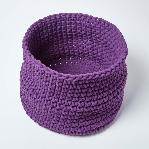 Homescapes Deep Purple Cotton Knitted Round Storage Basket, 42 x 37 cm