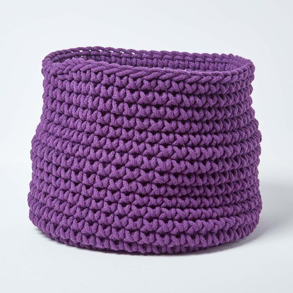 Homescapes Deep Purple Cotton Knitted Round Storage Basket, 42 x 37 cm