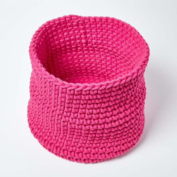 Homescapes Hot Pink Cotton Knitted Round Storage Basket, 42 x 37 cm