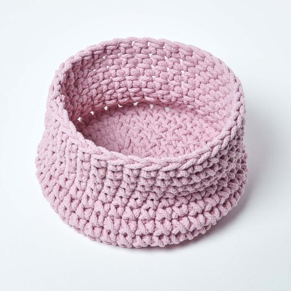 Homescapes Pastel Pink Cotton Knitted Round Storage Basket, 37 x 21 cm