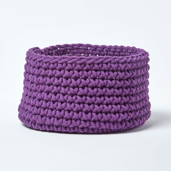 Homescapes Deep Purple Cotton Knitted Round Storage Basket, 37 x 21 cm