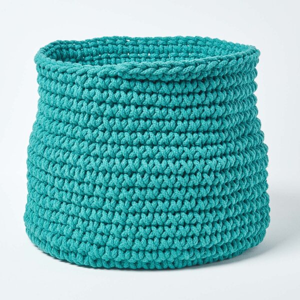 Homescapes Teal Green Cotton Knitted Round Storage Basket, 42 x 37 cm