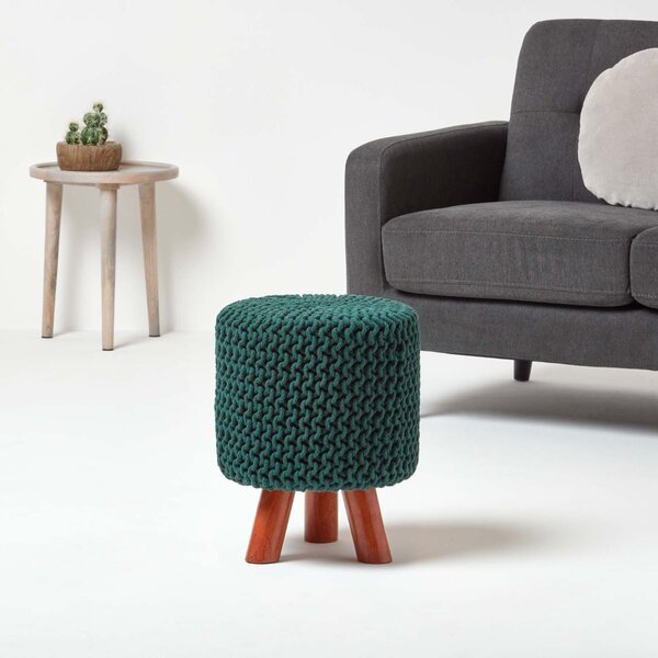 Homescapes Forest Green Tall Knitted Footstool with Wooden Legs