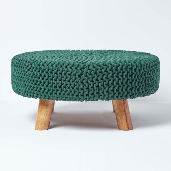 Forest Green Knitted Flat Footstool with Wooden Legs Large 62 x 62 x 30 cm